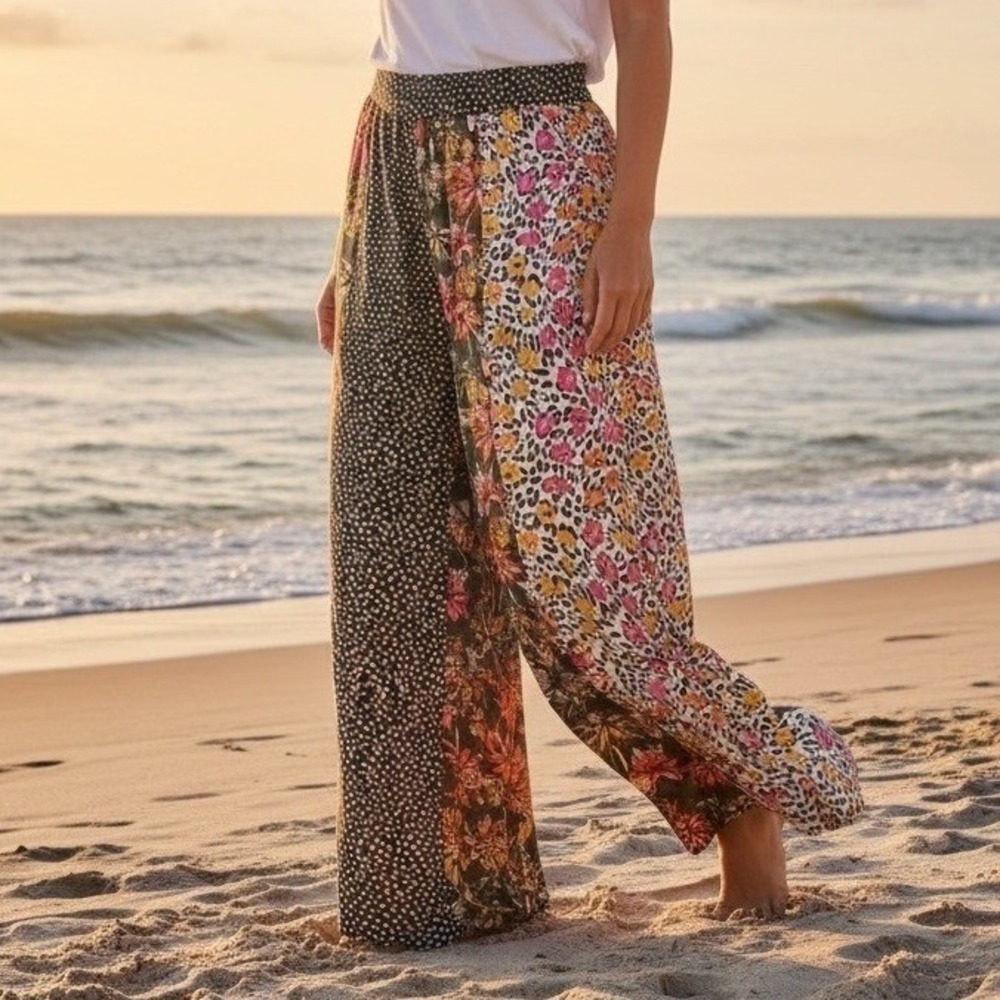 Cato Womens Mixed Print Wide Leg Palazzo Pants Olive Floral Animal Petite Large